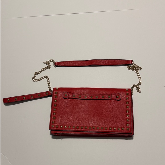 D&L Handbags - Elegant Red Studded Clutch with Gold Chain